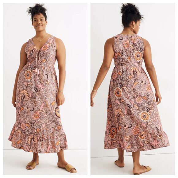 Madewell Lace-Up Ruffle-Hem Midi Dress in Bali Blooms Style AO273 Size 2 - Picture 1 of 8